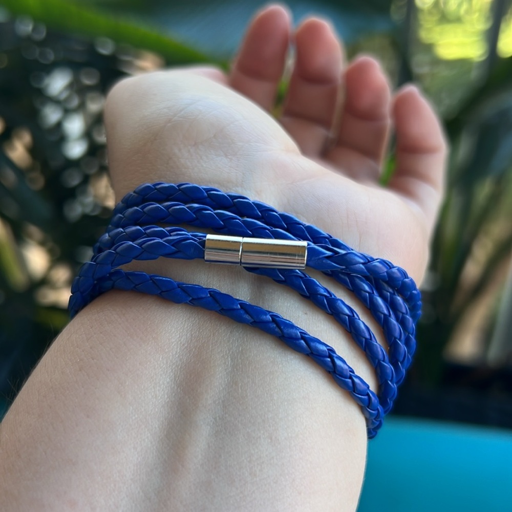 BLUE Braided Leather Wrap Bracelet – Magnetic Clasp | Multiple Colors | 35.5"